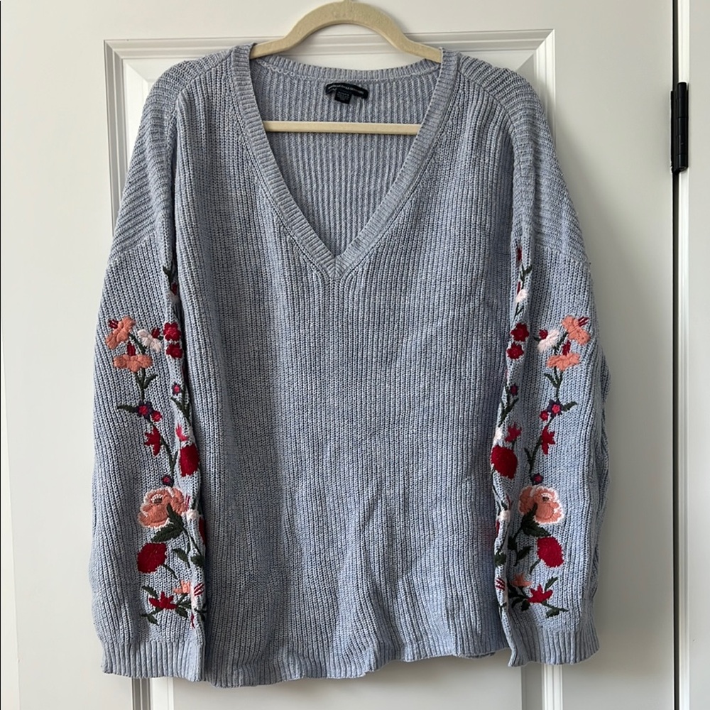 Baby Blue V-Neck Sweater with Floral Embroidered Sleeves